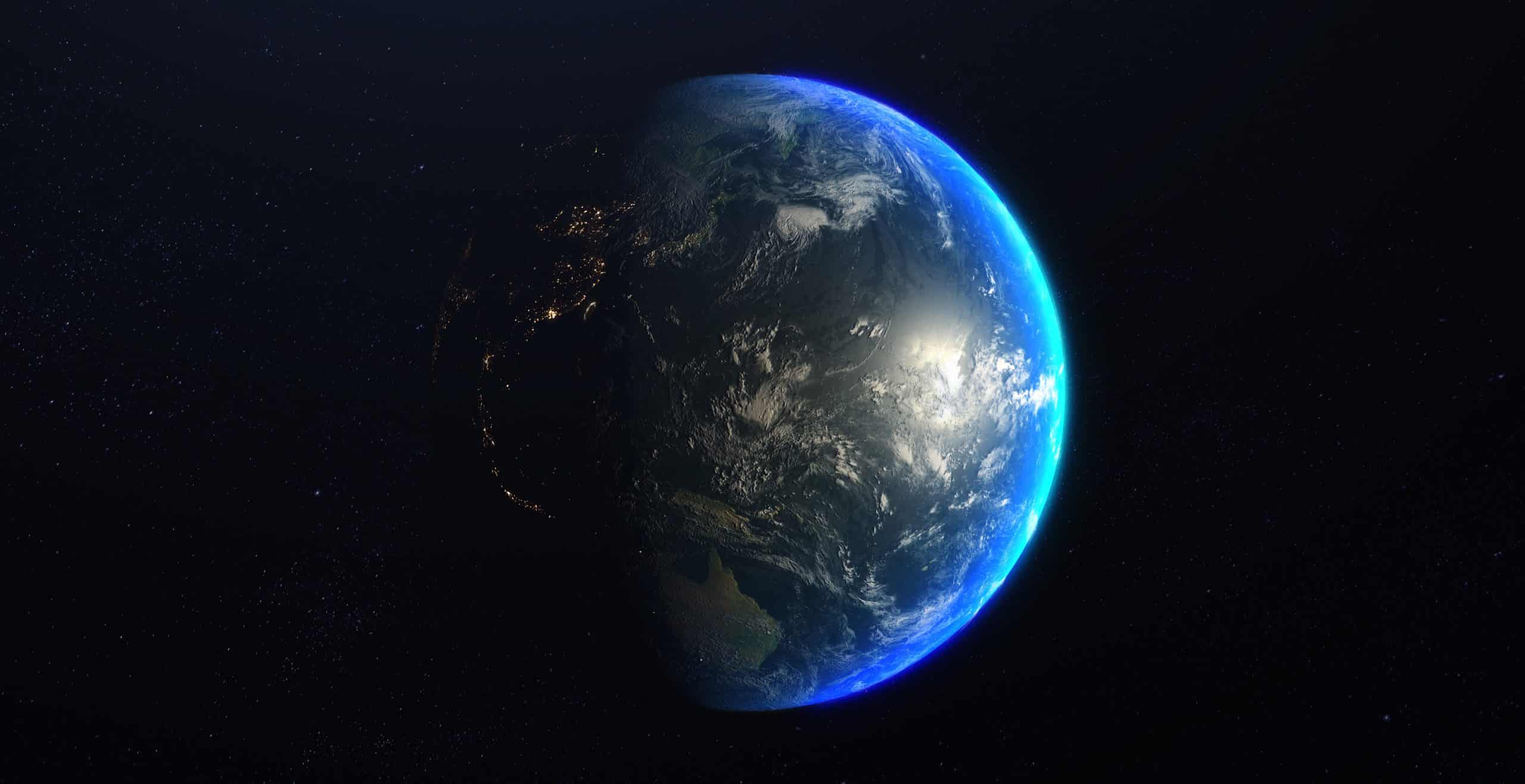 Planet Earth view from Space in a star field. Showing the terrai